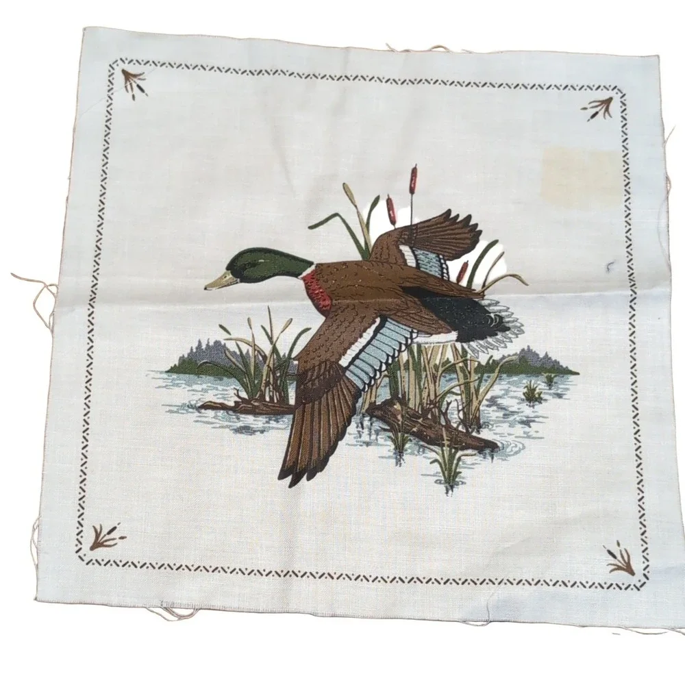 Mallard Duck Print Fabric Panel Embroidered Off-white Brown Green Blue